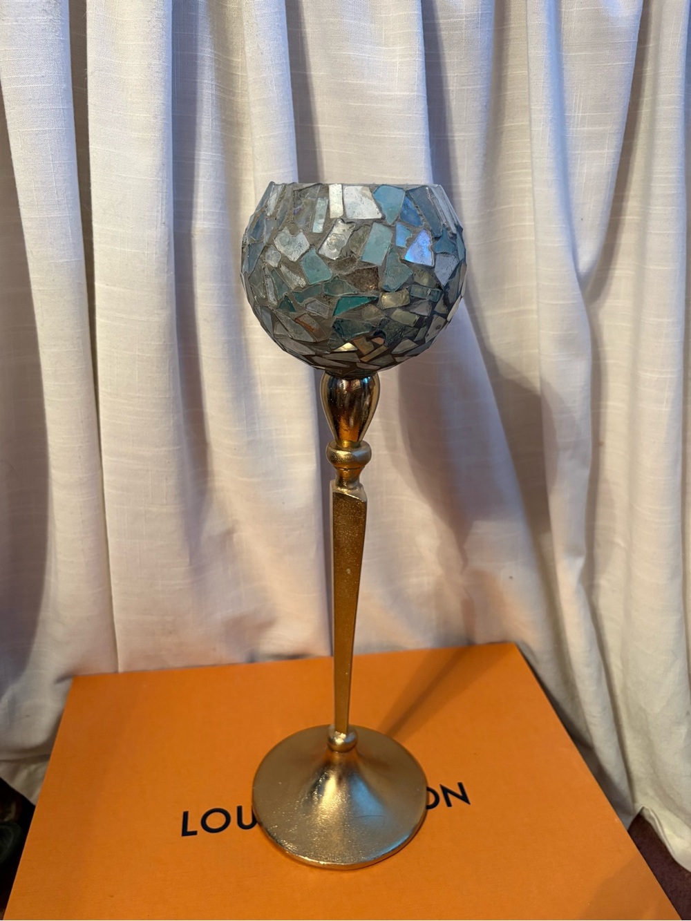 Decorative Mosaic Teal and Silver Candle Holder - Gold Stem
